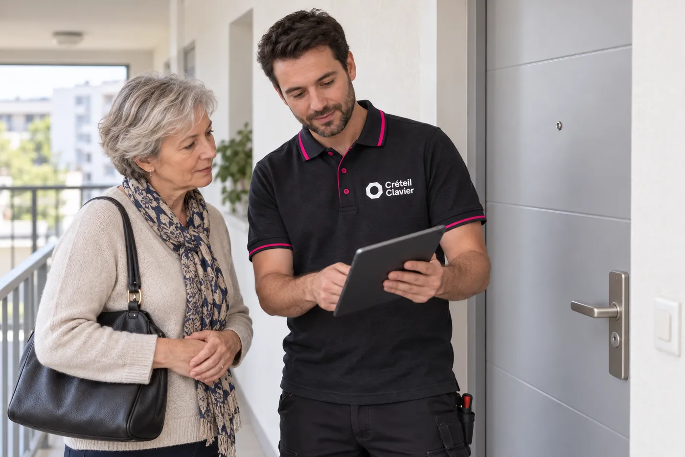 Serrurier Créteil Clavier expliquant son diagnostic sur tablette à une habitante, devant sa porte palière