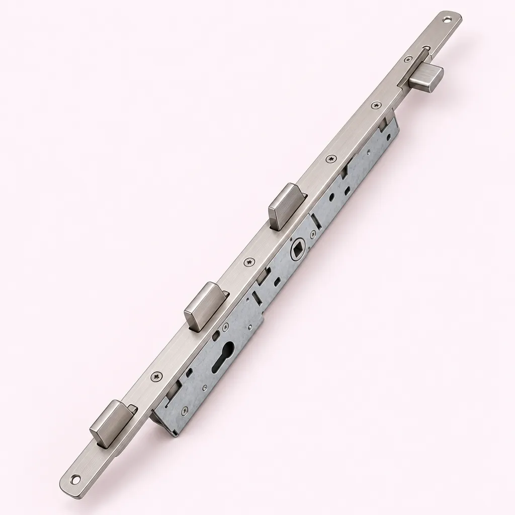 Serrure multipoints : boîtier, têtière et trois pênes sortis