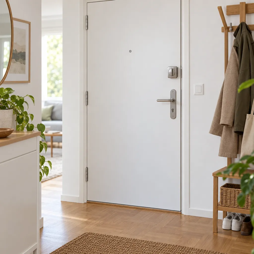 Verrou de sûreté en applique posé au-dessus de la poignée d'une porte d'entrée